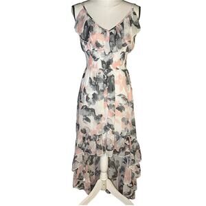 Heart & Soul Pink Gray Floral Ruffle High-Low V-Neck Maxi Dress | Juniors Size M